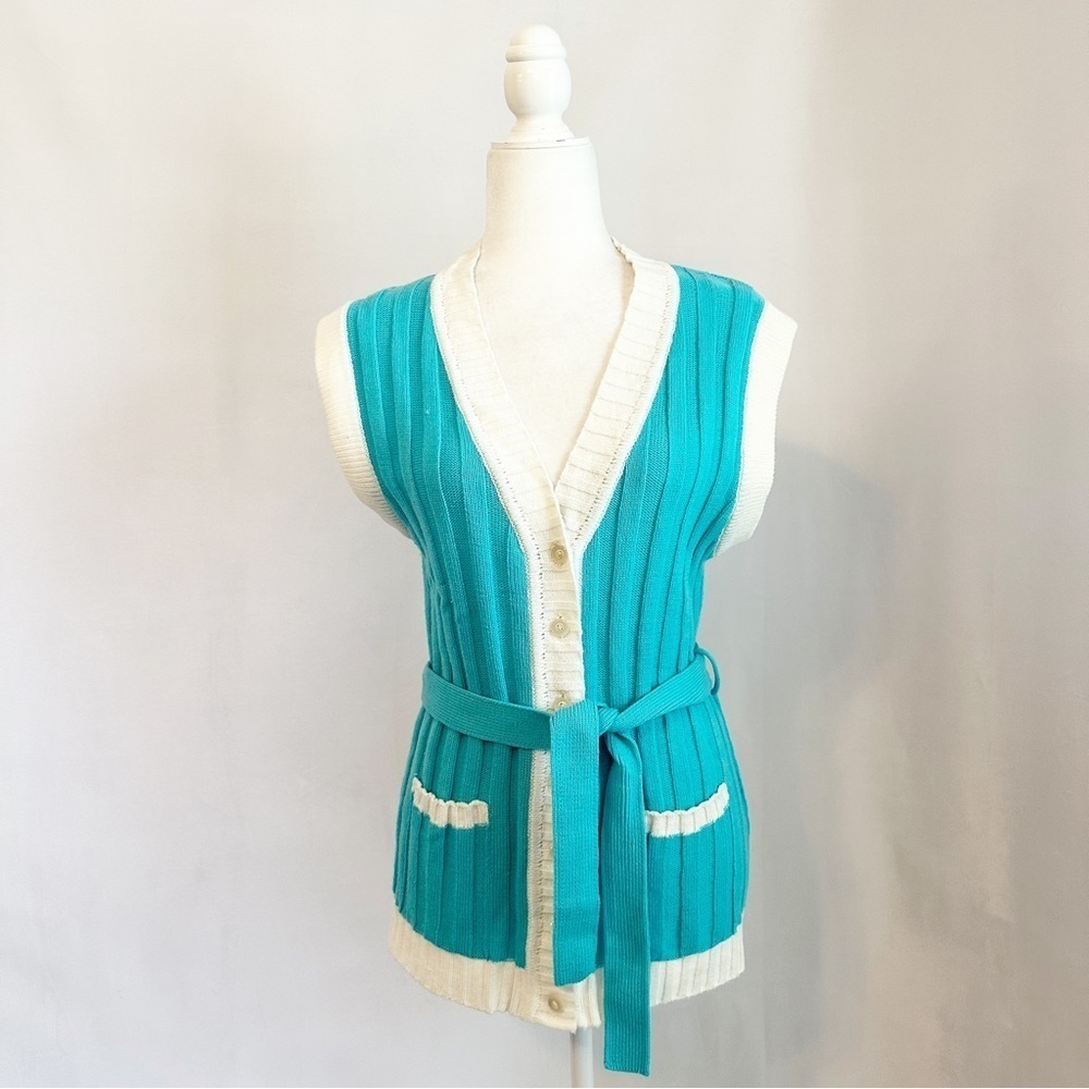Vintage 70s Designed by Carlo Conde Belted Sleeveless Button Cardigan Sweater